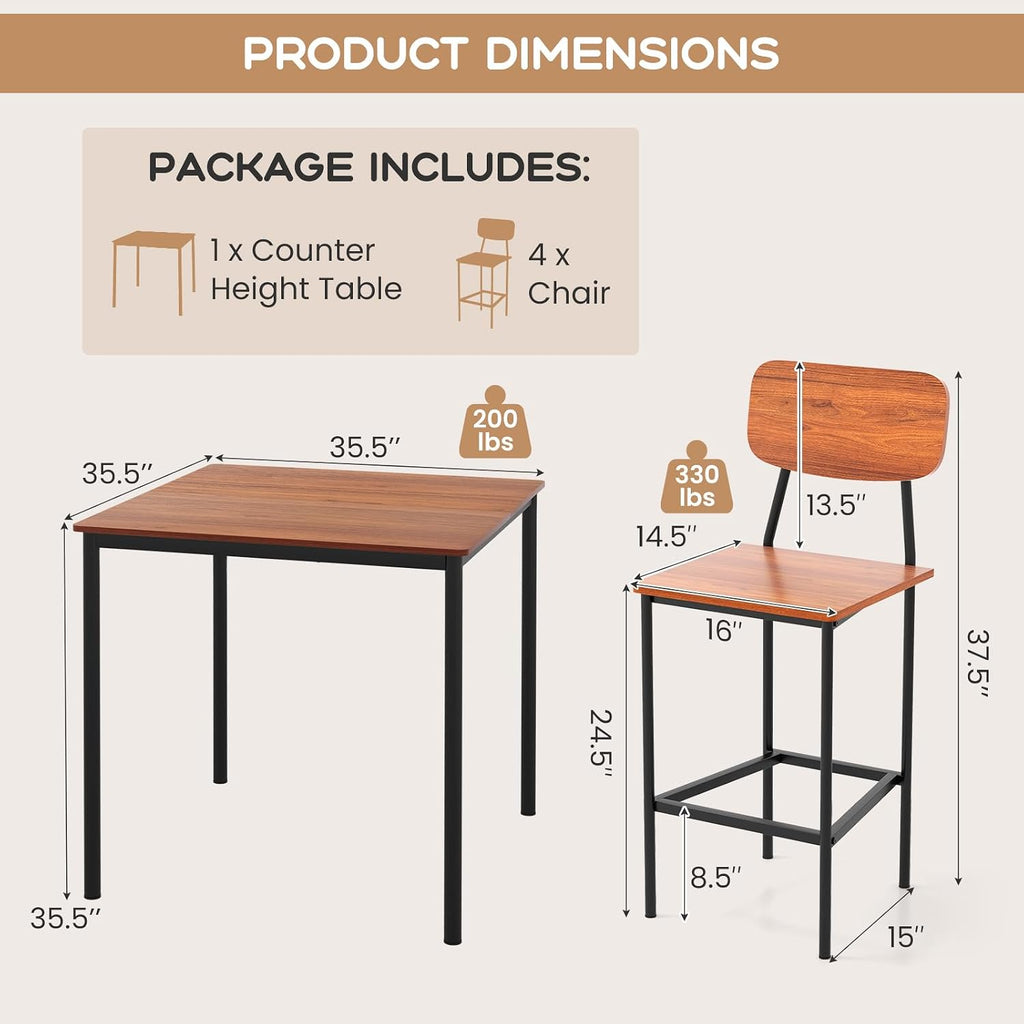 Giantex 5-Piece Dining Table Set W/Counter Height Table & 4 Bar Stools, Industrial Kitchen Dining Table Set W/Footrest & Backrest, Space-Saving Dinette Set for Pub, Dining Room, Restaurant (Walnut)