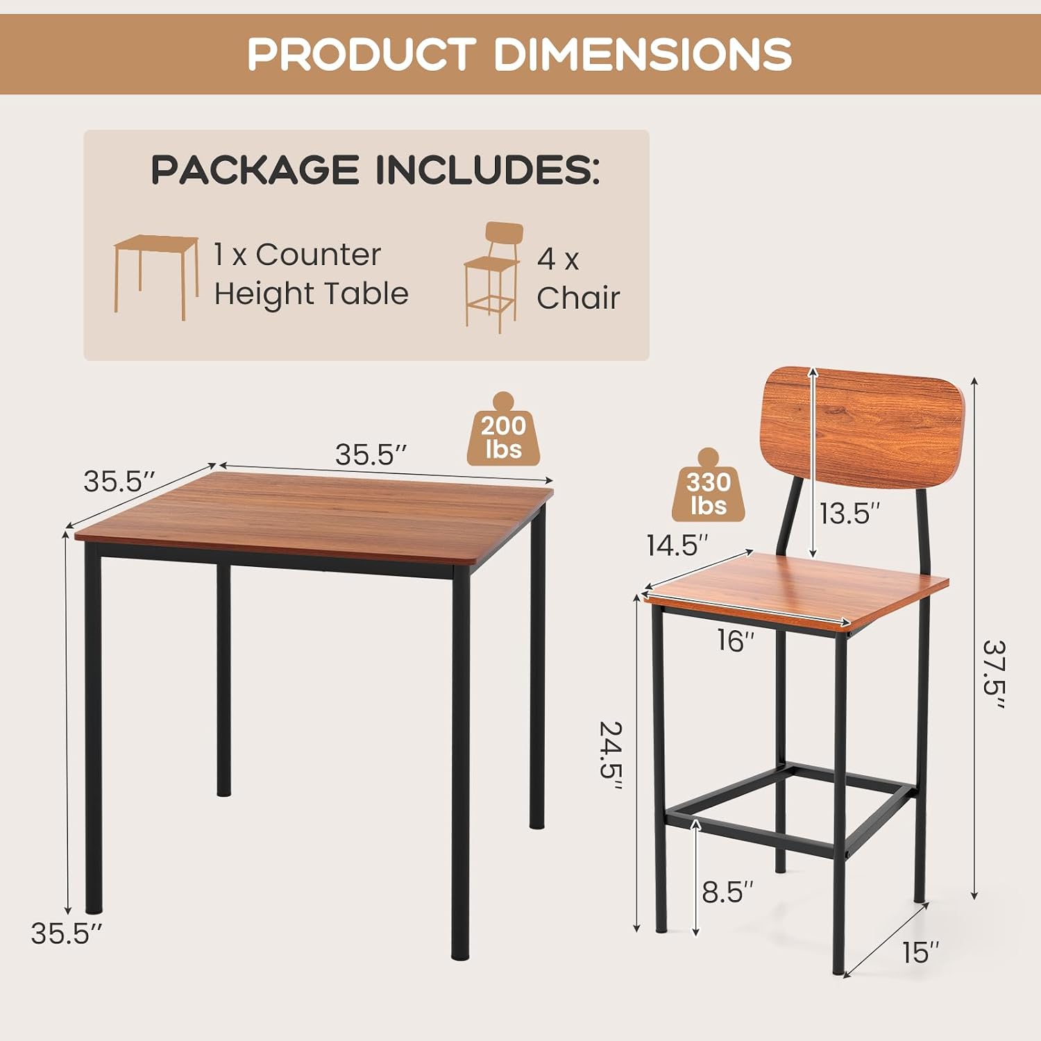 Giantex 5-Piece Dining Table Set W/Counter Height Table & 4 Bar Stools, Industrial Kitchen Dining Table Set W/Footrest & Backrest, Space-Saving Dinette Set for Pub, Dining Room, Restaurant (Walnut)