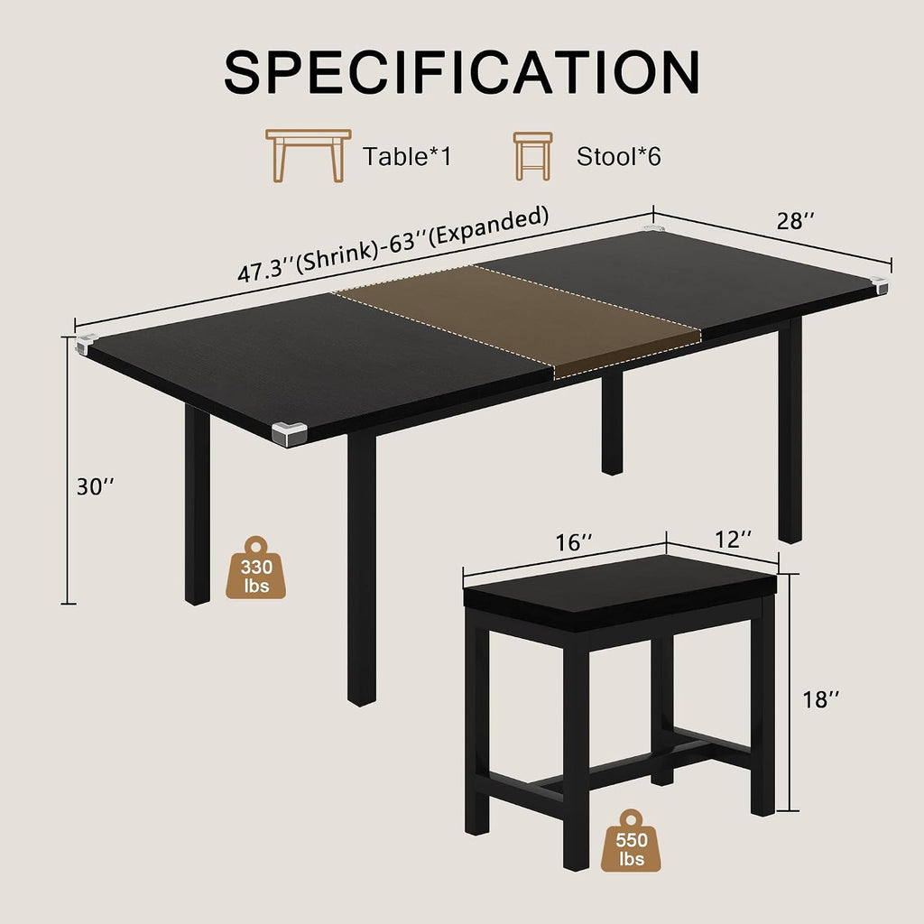 Einhomn 7-Piece Dining Table Set, 63' Extendable Kitchen Room Table with 6 Stools, Mid Century Modern Dinner Table with Metal Frame & MDF Board, Space-Saving, Easy Assembly, Black