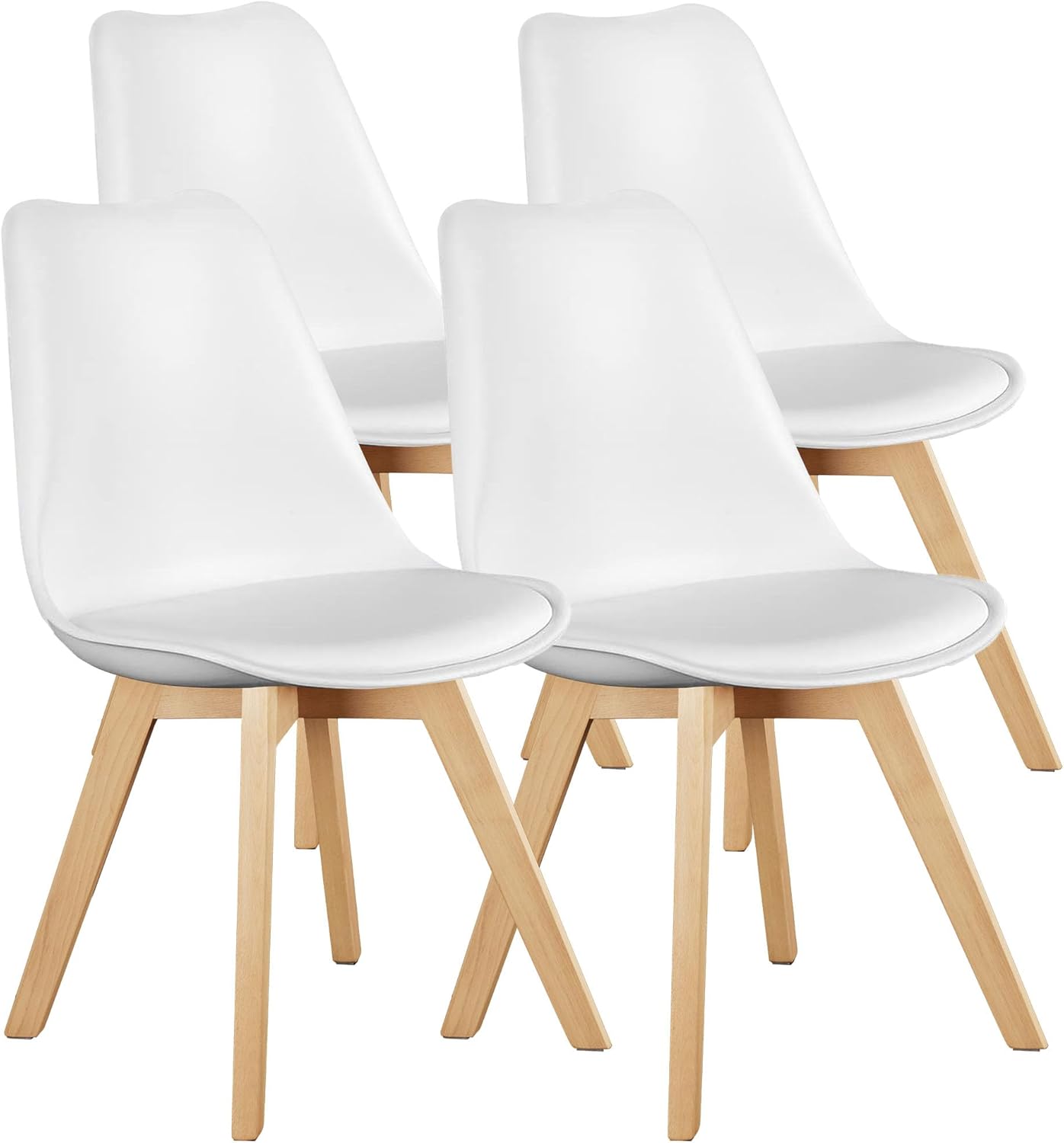 OLIXIS Dining Chairs Set of 4, PU Leather Upholstered Kitchen Chairs with Solid Wood Legs, Mid Century Modern Accent Chairs for Living Room, Bedroom, Patio, White