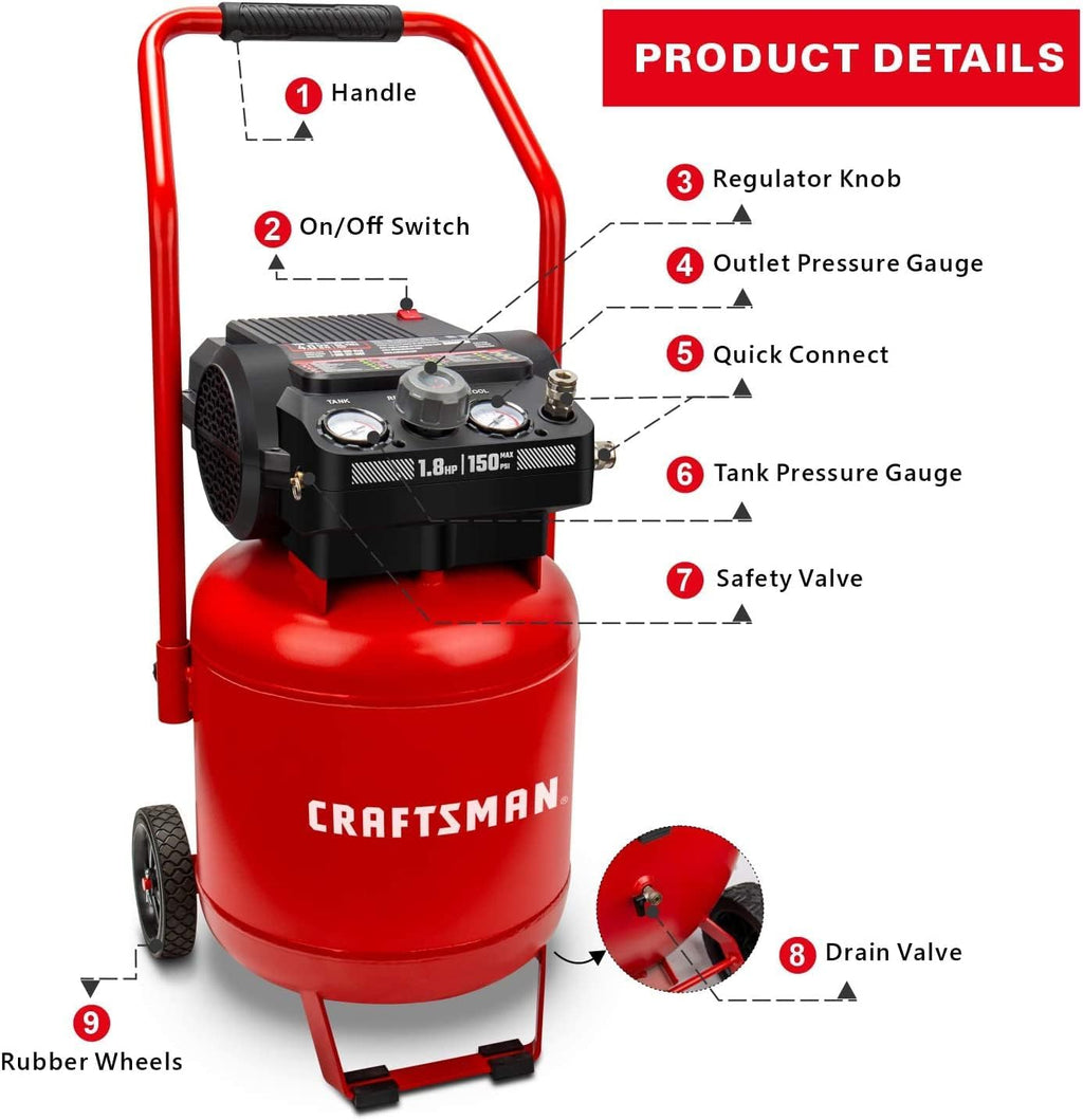 Craftsman Air Compressor 10-Gallon, Max 150 PSI, Peak 1.8 HP, Portable Air Compressor with Compact Size, Oil-free, 120 Volts, 4 CFM@90psi, 1400W for Spray Painting, Drilling, Auto Repair