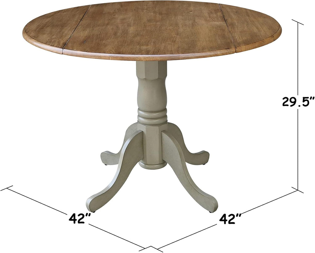 IC International Concepts, 42' Round Dual Drop Leaf Pedestal Dining Table, Solid Real Wood, Sturdy Parawood, Distressed Hickory/Stone