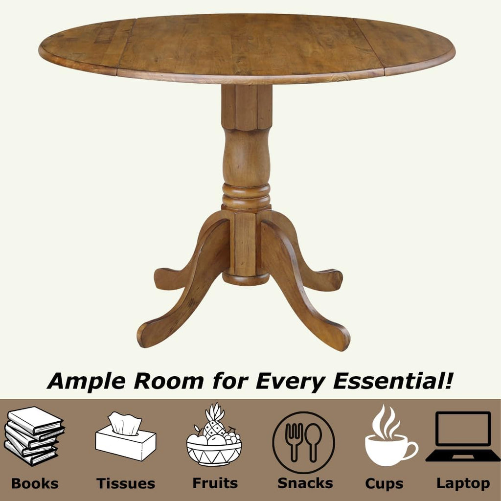 42' Round Dual Drop Leaf Pedestal Dining Table Solid Wood, Easy Assembly, Sturdy Parawood, Kitchen/Dining Room, 29.5'H x 42'W x 42'D, 20mm Thickness Top, Includes Two 9' Drop Leaves
