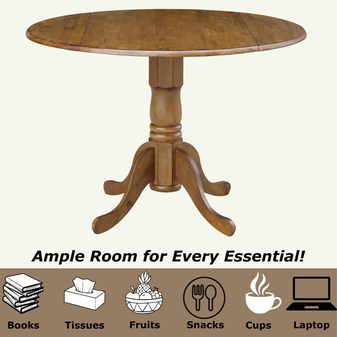 42' Round Dual Drop Leaf Pedestal Dining Table Solid Wood, Easy Assembly, Sturdy Parawood, Kitchen/Dining Room, 29.5'H x 42'W x 42'D, 20mm Thickness Top, Includes Two 9' Drop Leaves