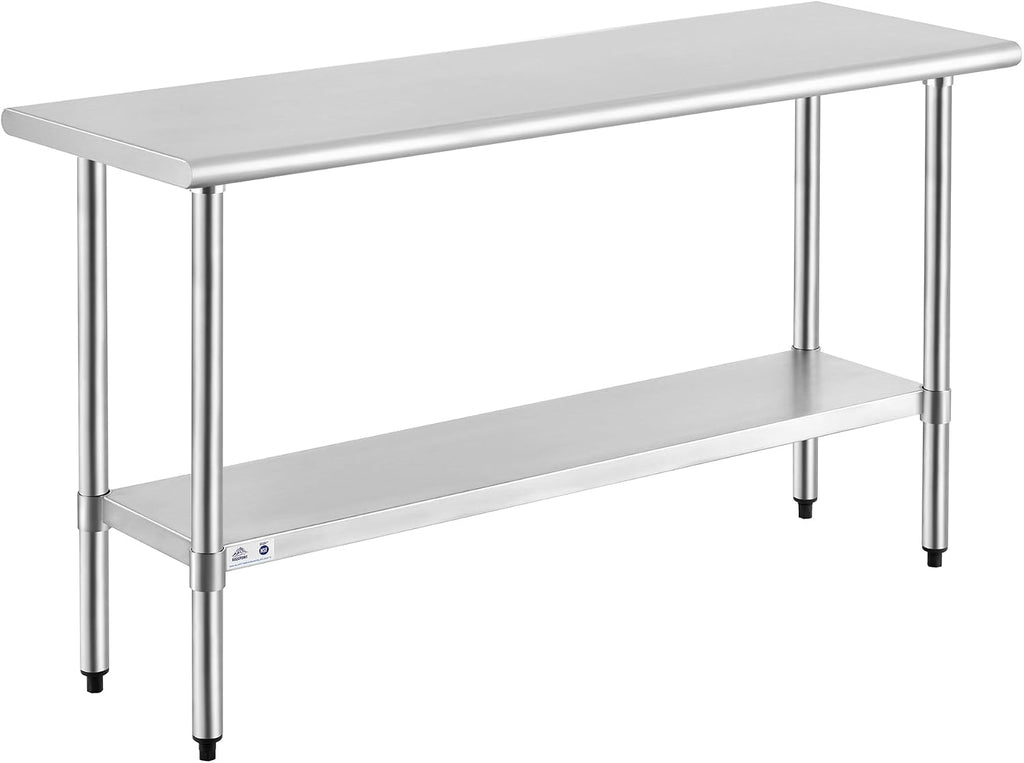 ROCKPOINT Stainless Steel Table for Prep & Work 18x60 Inches, NSF Metal Commercial Kitchen Heavy Duty Table with Adjustable Under Shelf and Table Foot for Restaurant, Home and Hotel