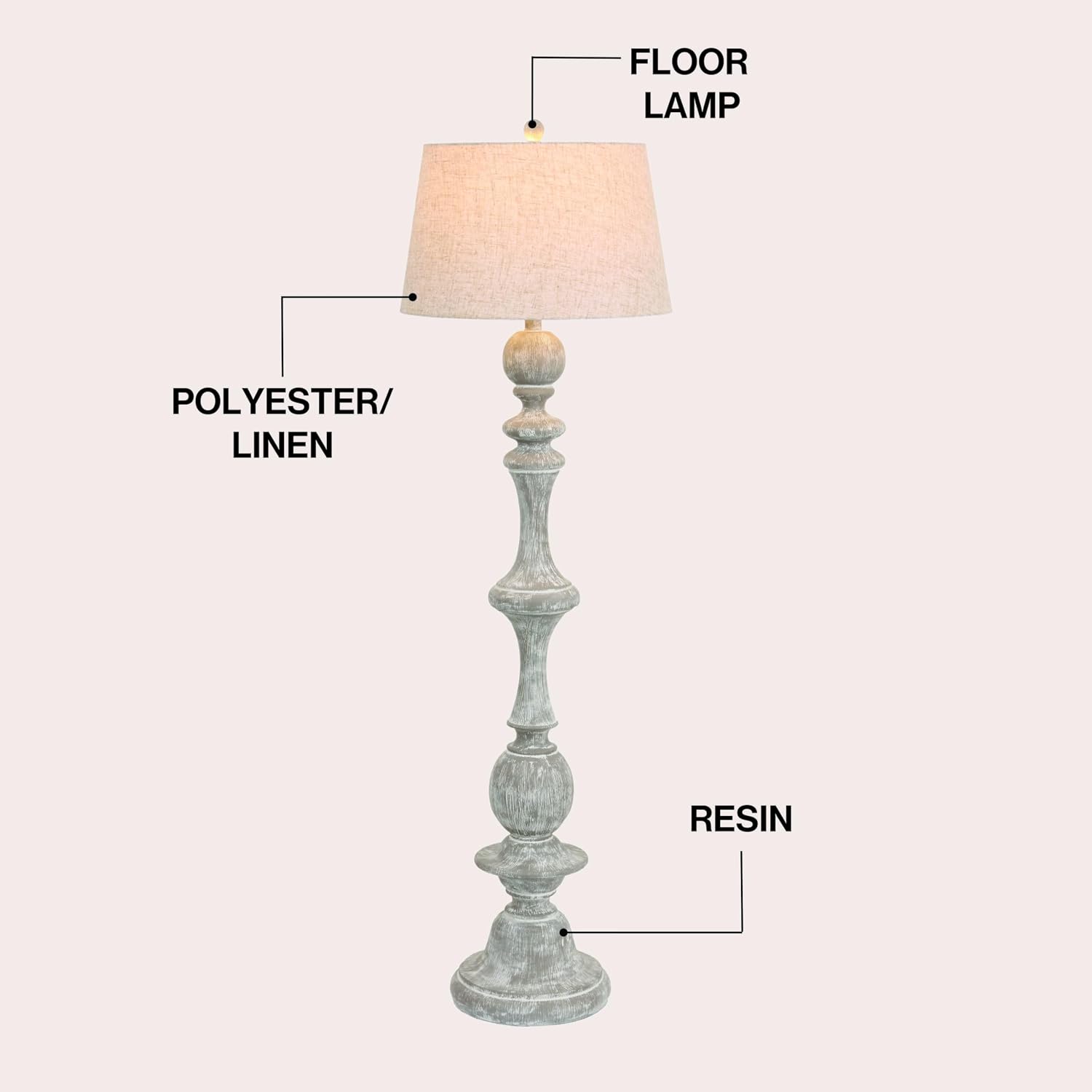 JONATHAN Y 67' Wash Gray Resin Candlestick Floor Lamp Farmhouse Rustic Traditional Standing Lamp for Living Room with Wash Gray Linen Empire Shade LED Bulb Included JYL3000C