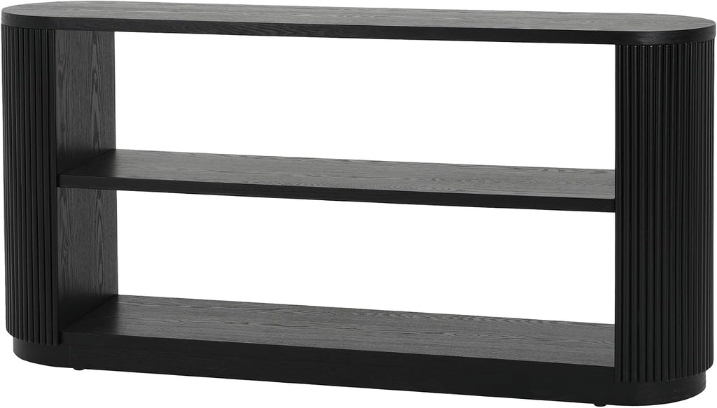 Modern Curved Console Table 59-Inch Oval Fluted Entry Sofa Table with Open Storage Shelves for Living Room Entryway Hallway Furniture, Black
