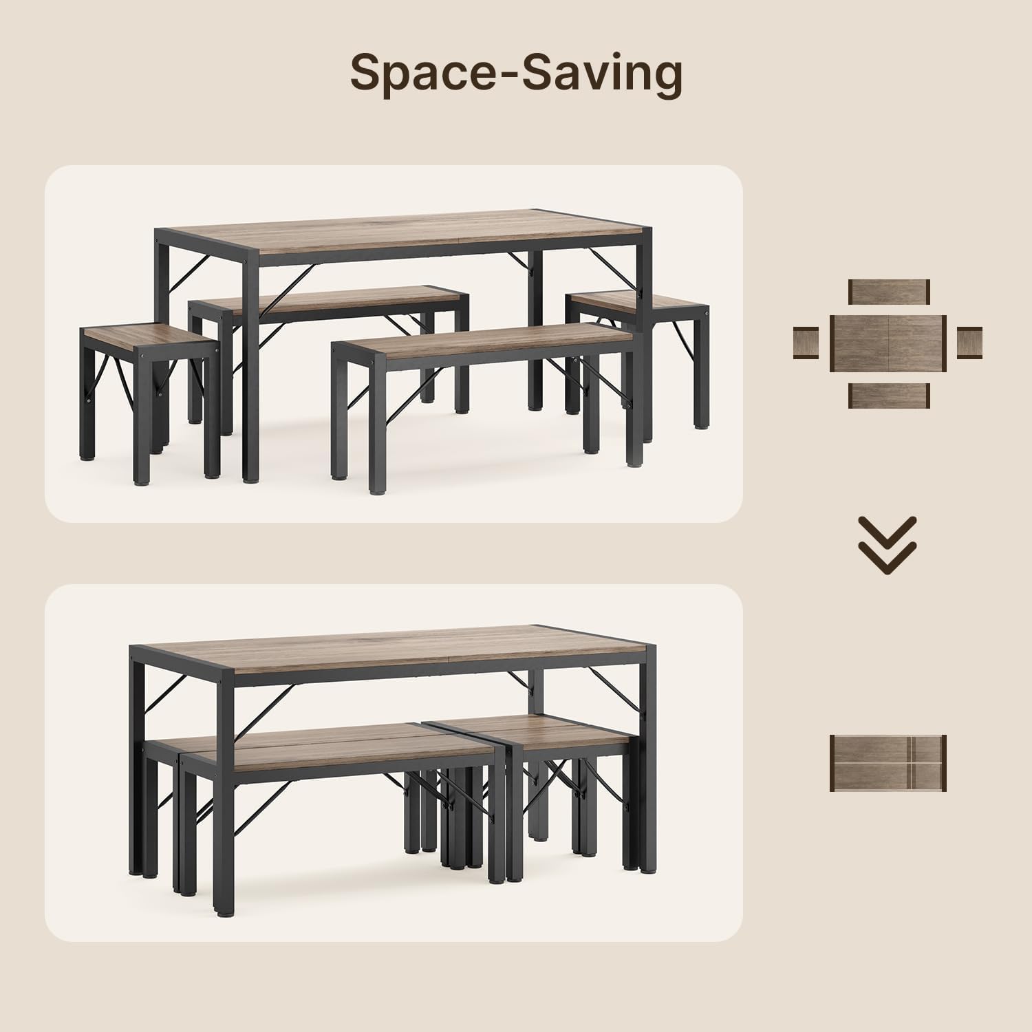 Gizoon 63' Dining Room Table Set for 6, Kitchen Table with 2 Benches and 2 Stools, Dining Table Set with Metal Frame, Space-Saving Kitchen Table Set for Apartment, Grey