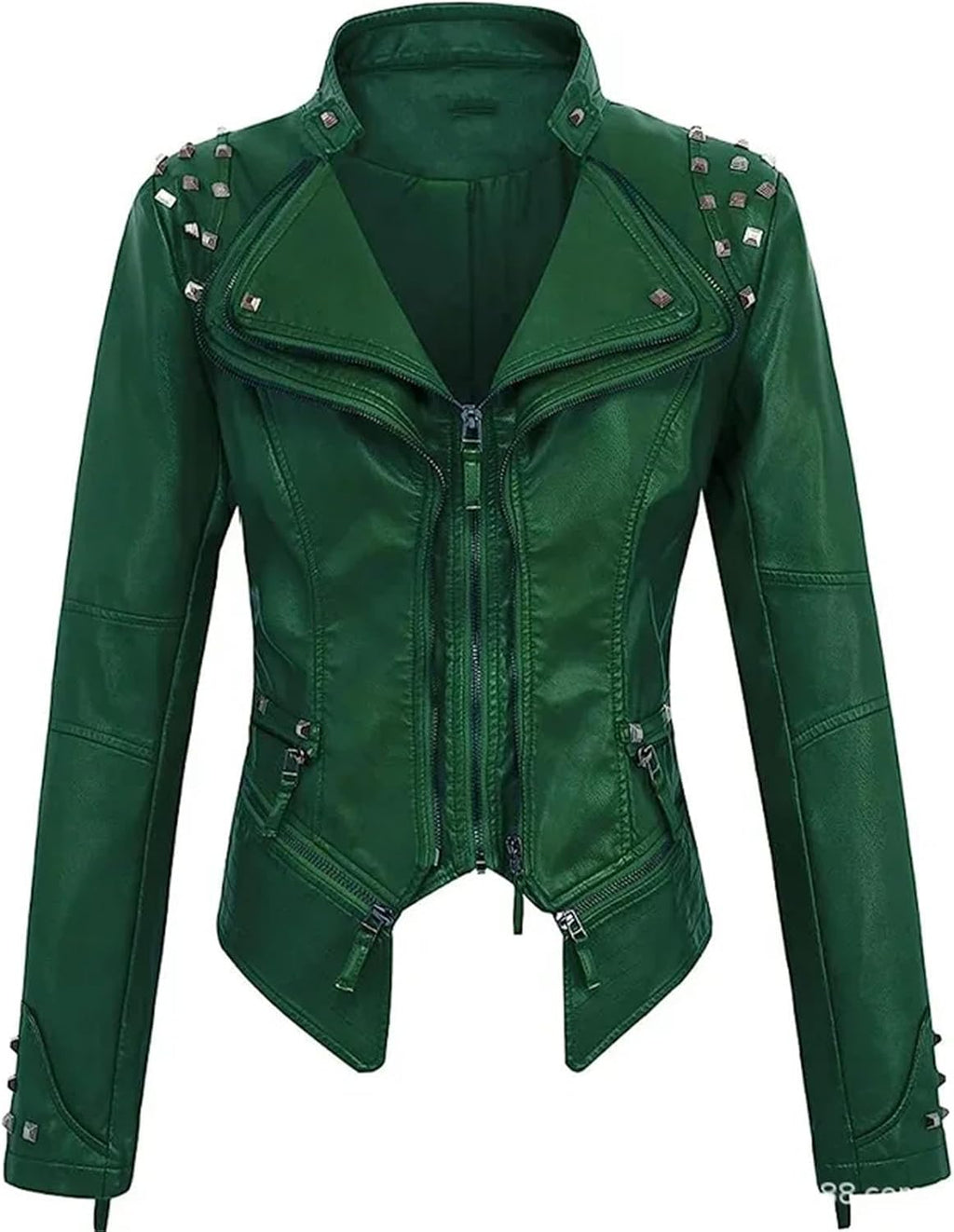 Women's Washed Pu Leather Jacket - Short Turn-Down Collar With Rivet Details Spring Autumn Wear