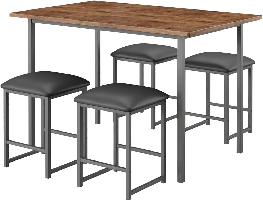 VECELO Kitchen Table and Chairs for 4, Dining Room Set with PU Chairs/Stools, Heavy-Duty Metal Frame, Wooden Tabletop, Space-Saving Design for Small Spaces, Easy Assembly, Walnut Brown