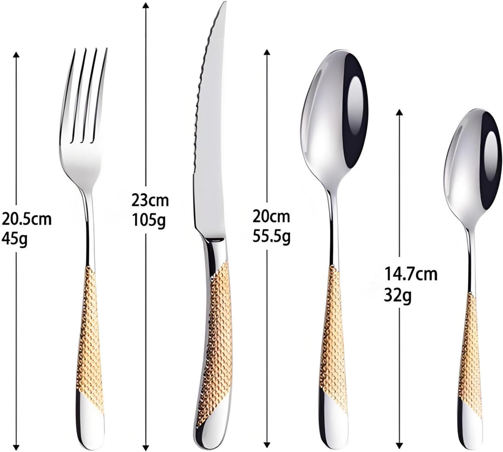 Gold Silverware Set 32 Piece Flatware Cutlery Set Service for 8,18/10 Stainless Steel Heavy Duty Hammered Handle Mirror Polished Dishwasher Safe Luxury Unique Utensil Sets for Home Kitchen Wedding