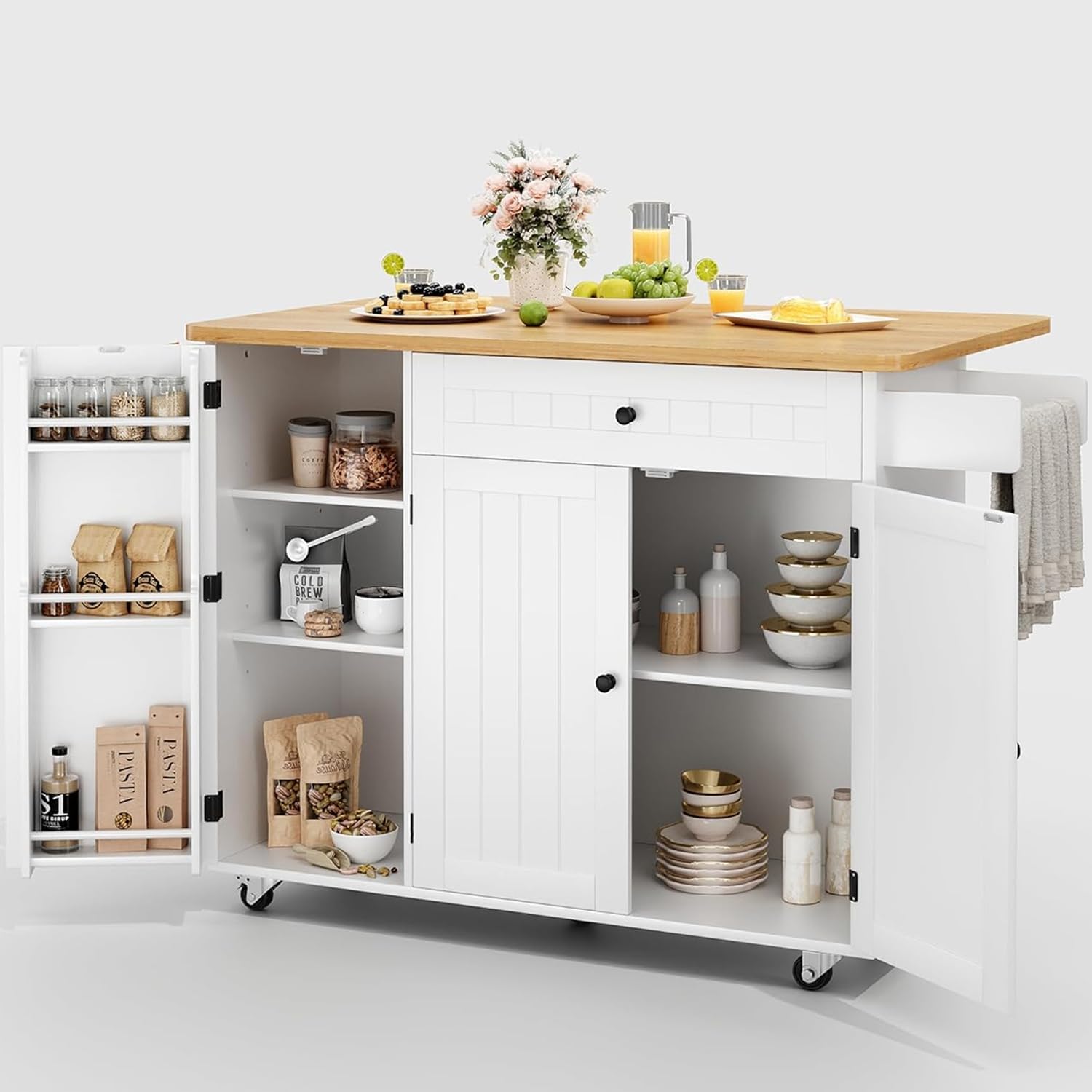 GRUSIGN Kitchen Island with Storage, 41.7' Rolling Cart with Drop Leaf, Portable Island Table on Wheels, Spice Rack, Towel Rack and Drawer, White, 41.7' L x 29.5' W