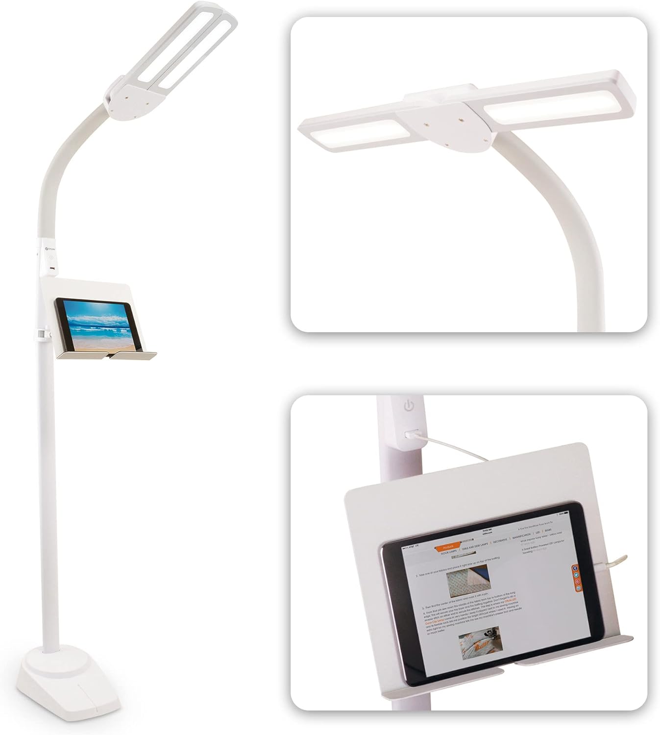 OttLite Dual Shade LED Standing Floor Lamp with Adjustable Stand - Wide Range of Illumination with Built-in 2.1A USB Charging Port and Flexible Neck - 4 Brightness Settings for Reading & Studying