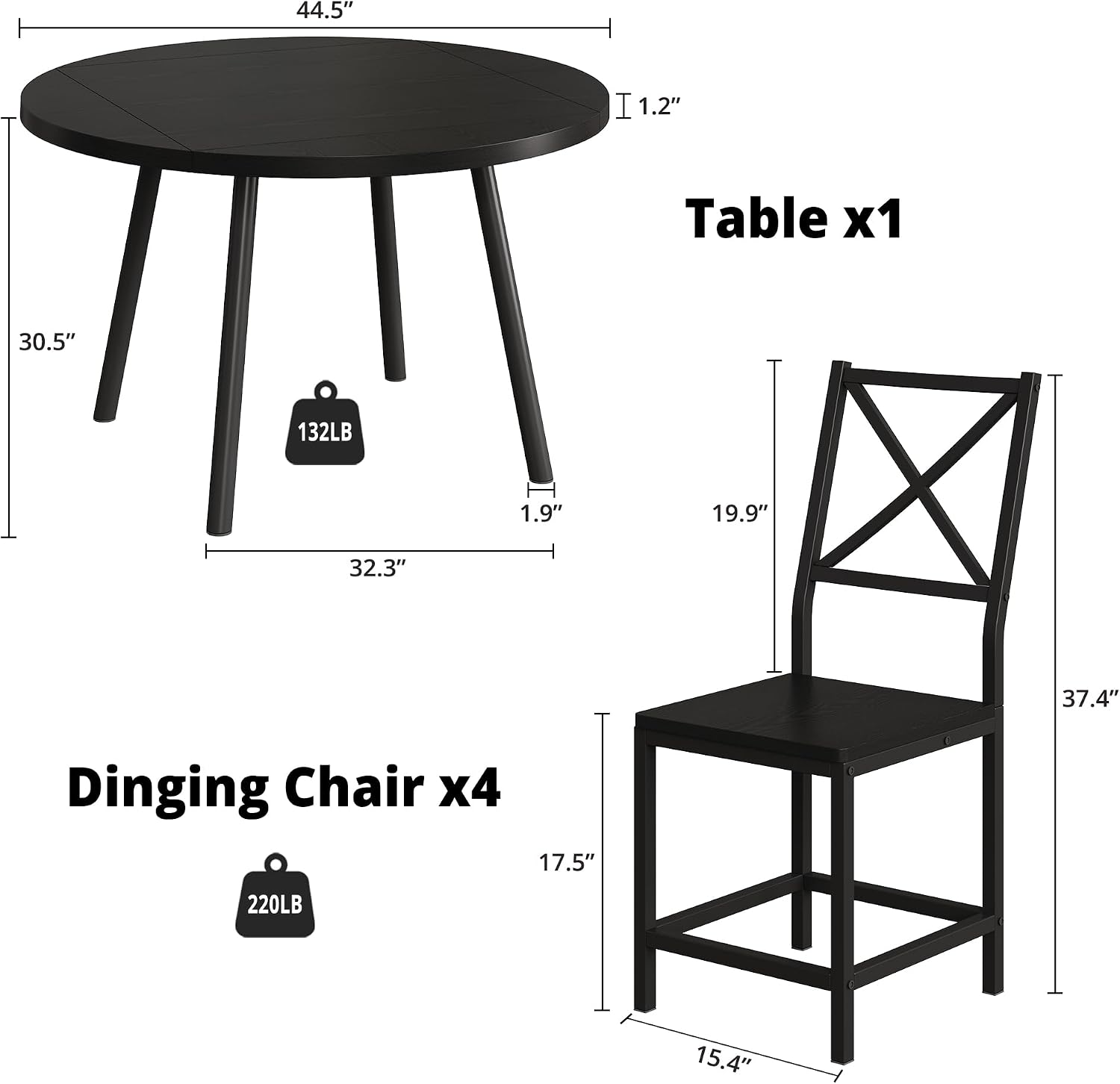 IRONCK Dining Table Set for 4, Round Kitchen Table and 4 Stool Chair for Dining Room, 44.5inch Drop Leaf Desk, Small Space Saving, Black