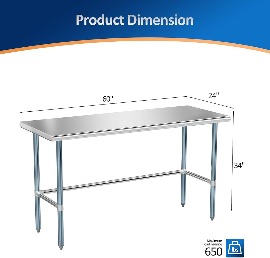 ROVSUN 60' x 24' Stainless Steel Open Base Table, NSF Commercial Metal Table, Heavy Duty Prep & Work Table with Galvanized Legs for Home Kitchen, Restaurant,Hotel, Garage, Laundry, Utility