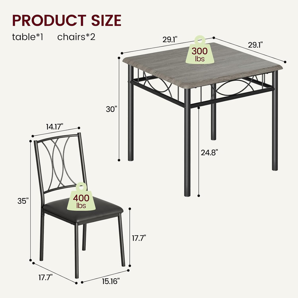 Garvee 3-Piece Wood Dining Table Set for 2, Compact Square Kitchen Table Set with 2 Upholstered Chairs, Space-Saving Dining Table Set for Apartment, Studio, Kitchen, Small Space, Gray