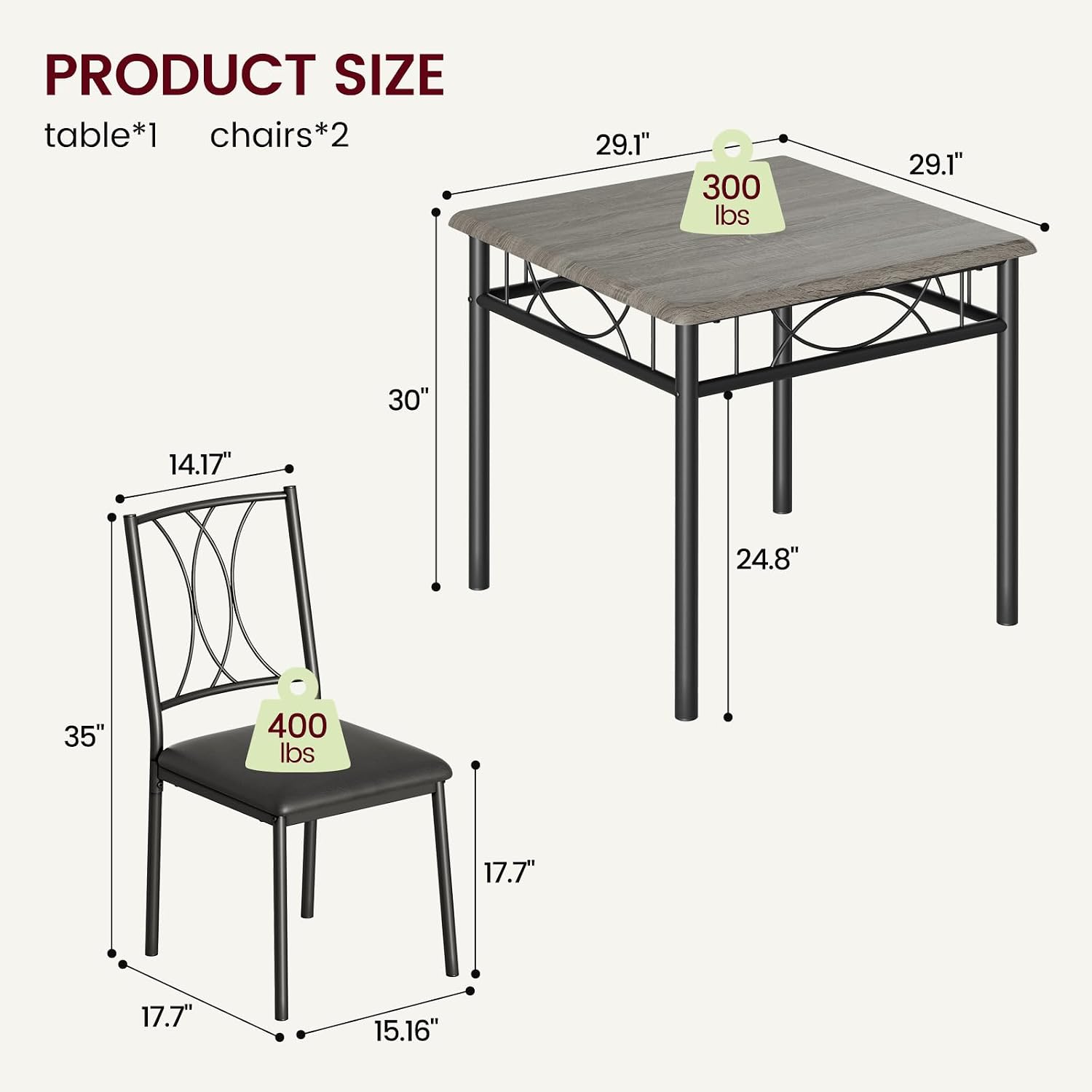 Garvee 3-Piece Wood Dining Table Set for 2, Compact Square Kitchen Table Set with 2 Upholstered Chairs, Space-Saving Dining Table Set for Apartment, Studio, Kitchen, Small Space, Gray