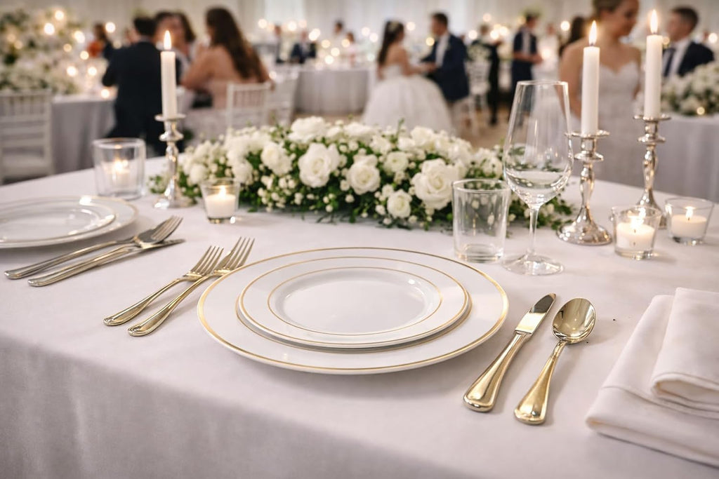 ' OCCASIONS ' 640Piece set (80 Guests)-Heavyweight Wedding Party Disposable Plastic Plate Set -80 x 10.5'' + 80 x 7.5'' + Silverware + Cups +linen like paper Napkins (Ivory & Gold Rim)