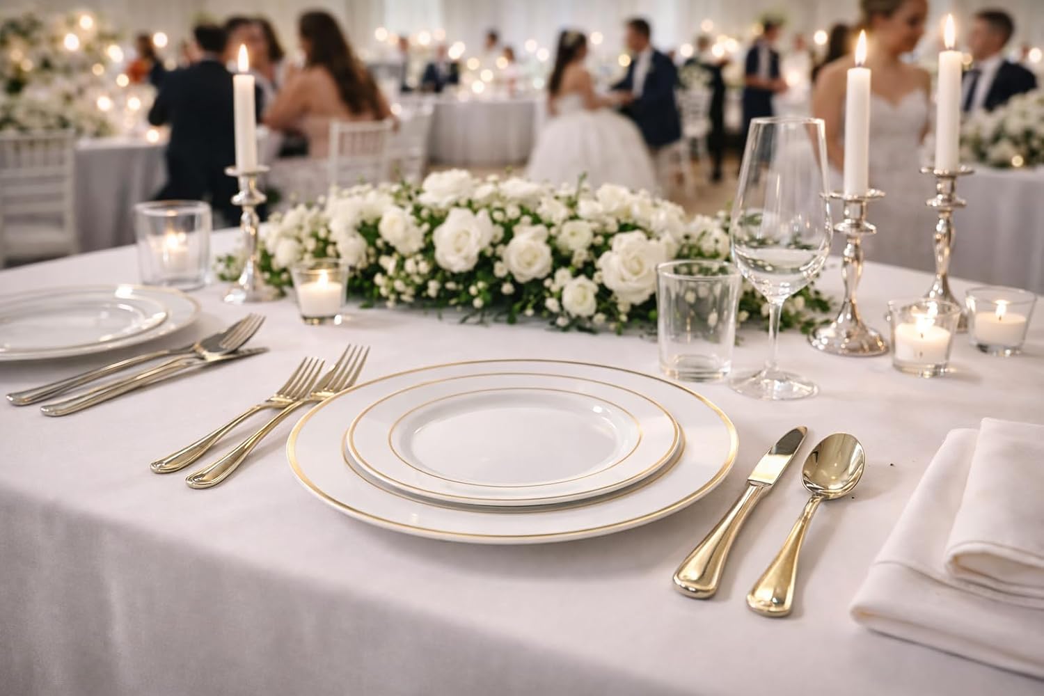 ' OCCASIONS ' 1080 pcs/120 Guest-Full Tableware Set - Wedding Disposable Plastic Plates Silverware, Gold Rimmed Tumblers & Linen Feel Napkins w/napkin Rings (Combo C, White & Gold Rim)