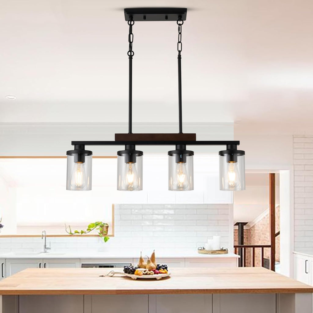 Wood Kitchen Island Lighting,4-Light Farmhouse Dining Room Light Fixture Matte Black Modern Chandeliers for Dining Room Over Table Hanging Pendant Light with Glass Shade for Bar Restaurant