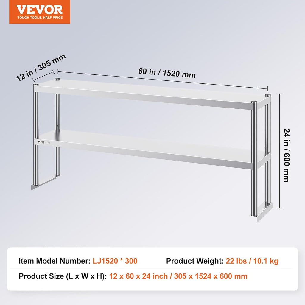 VEVOR Stainless Steel Overshelf, 12 x 60 Inch Double Deck Height Adjustable Prep Work Table for Kitchen, Restaurant and Workshop