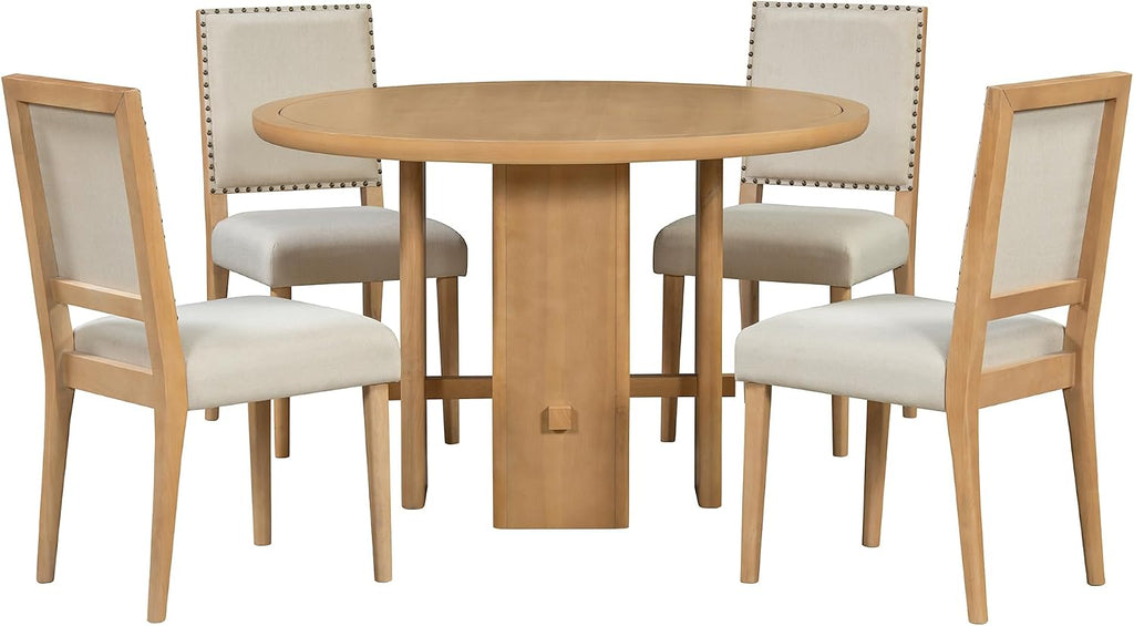 Merax 5-Piece Round Dining Table Set for 4, Minimalist Farmhouse Dining Table with 4 Upholstered Chairs, Kitchen & Dining Room Sets, Beige+Natural