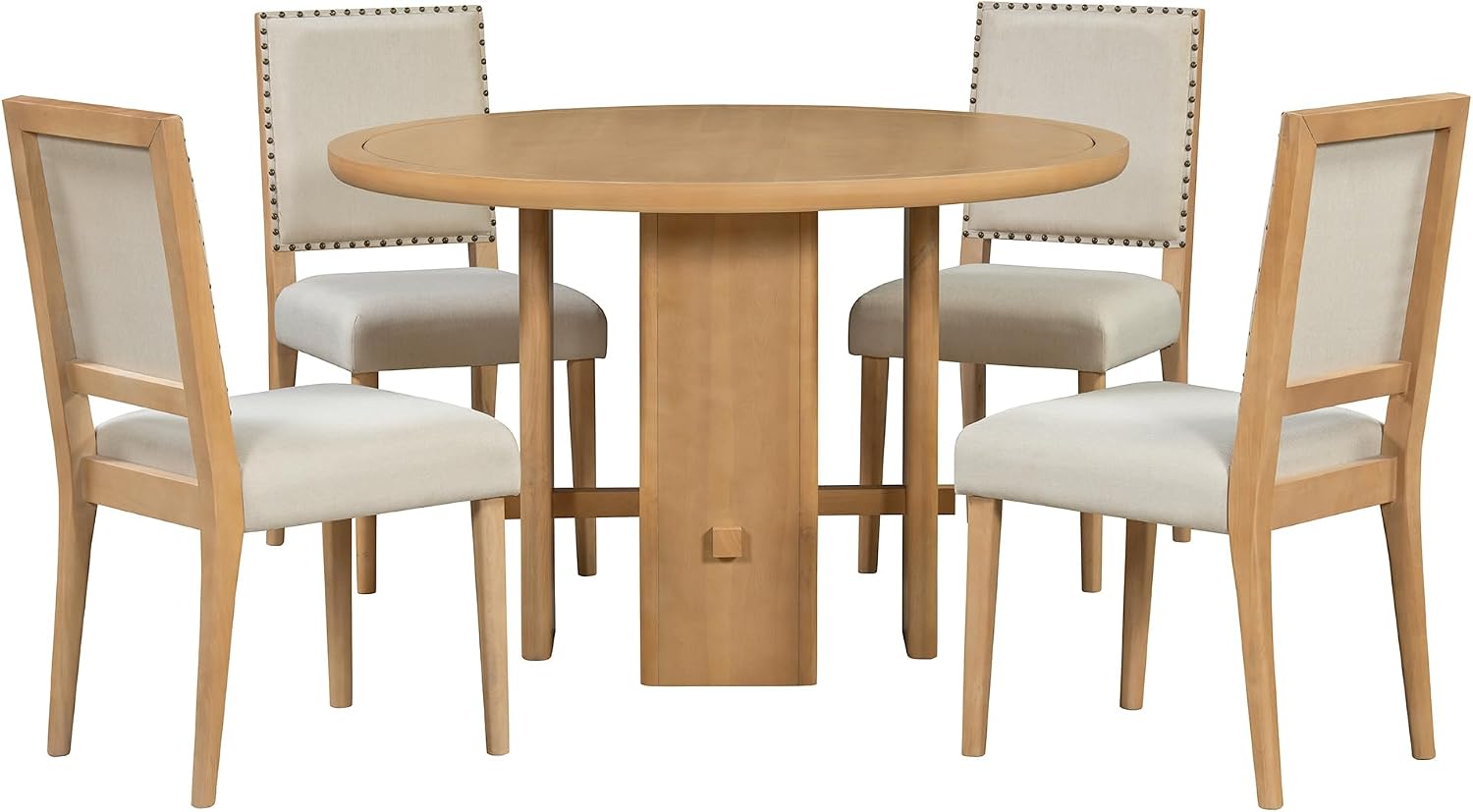 Merax 5-Piece Round Dining Table Set for 4, Minimalist Farmhouse Dining Table with 4 Upholstered Chairs, Kitchen & Dining Room Sets, Beige+Natural