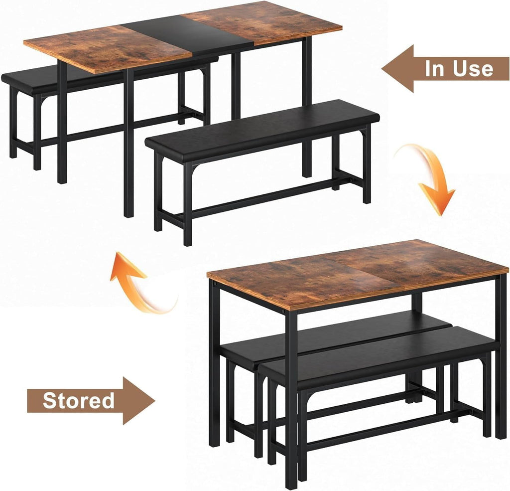 VECELO 3-Piece 63' Extendable Kitchen Table with Benches/Chairs, Modern Breakfast Dinette/Dining Room Set for 4/6/2, Small Space Saving Design, Easy Assembly
