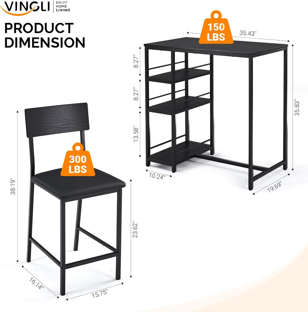 VINGLI Dining Table Set for 2, Kitchen Breakfast Counter Height Small 3 Piece Bar Table and Chairs Set with Storage, Black