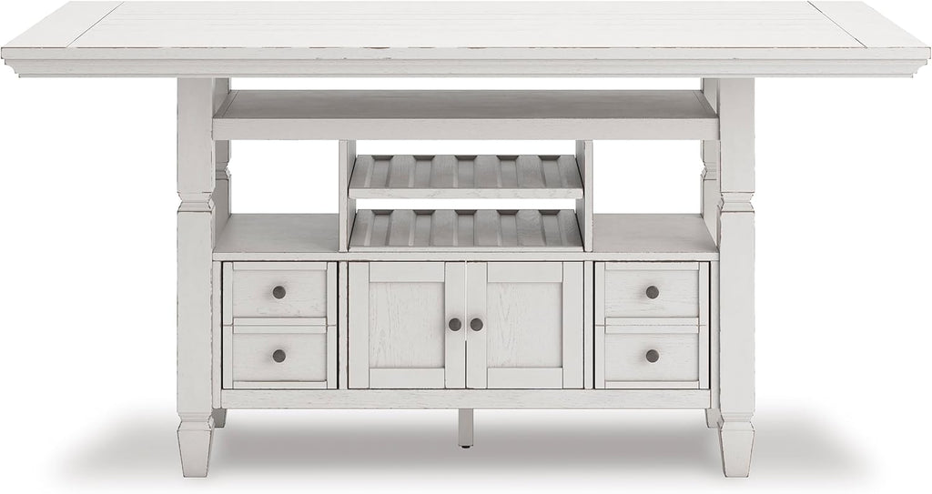Signature Design by Ashley Robbinsdale Casual Counter Height Dining Table with 10 Bottle Wine Storage, Open Shelves, Drawers and Cabinet, Antiqued White Finish, 36' W x 72' L x 37' H