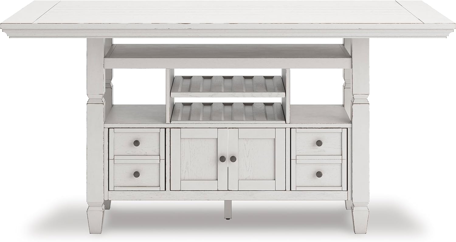 Signature Design by Ashley Robbinsdale Casual Counter Height Dining Table with 10 Bottle Wine Storage, Open Shelves, Drawers and Cabinet, Antiqued White Finish, 36' W x 72' L x 37' H