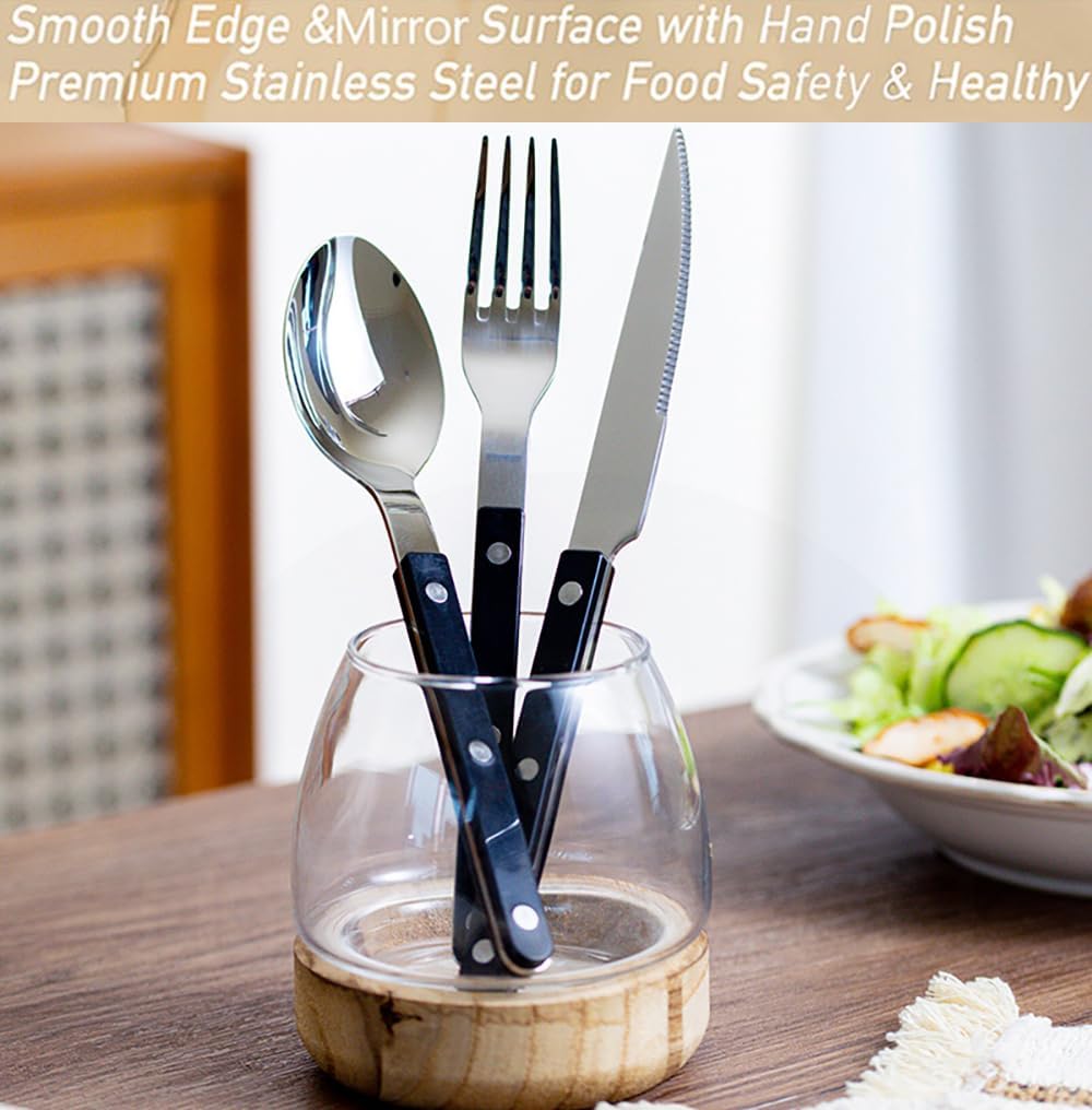 JUSTSHOT 48 Piece Rivet ABS Handle Flatware Set for 12,1810 Stainless Steel Black Handle Silverware Set,Rivet Handle Cutlery Flatware Set,Mirror Polished,Dishwasher Safe