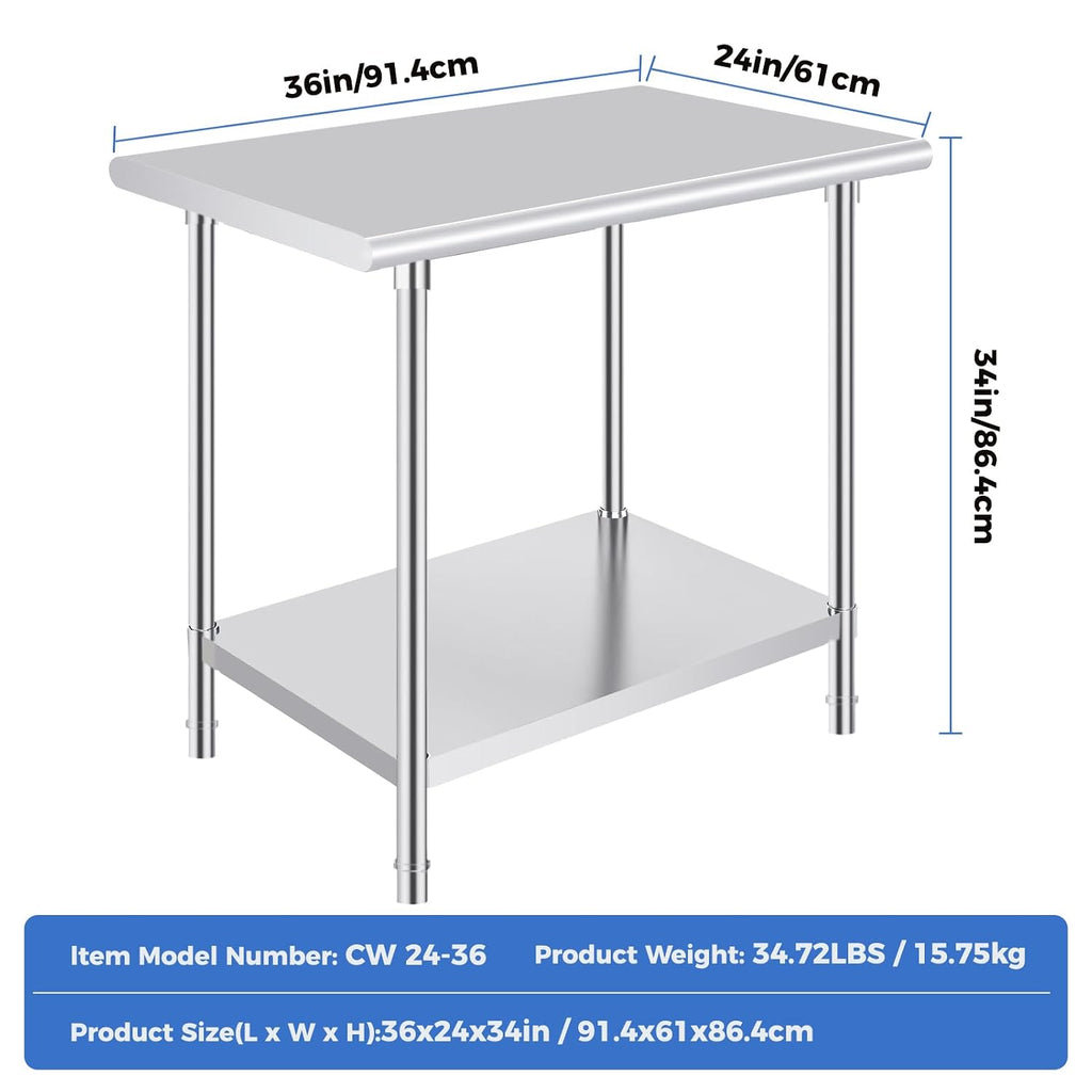 OSTBA Stainless Steel Table for Prep & Work 24x36 Inches, NSF Metal Commercial Heavy Duty Table with Adjustable Undershelf and Adjustable Foot for Restaurant Kitchen Home and Hotel