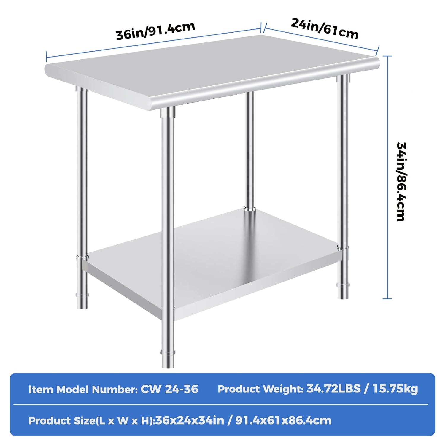 OSTBA Stainless Steel Table for Prep & Work 24x36 Inches, NSF Metal Commercial Heavy Duty Table with Adjustable Undershelf and Adjustable Foot for Restaurant Kitchen Home and Hotel