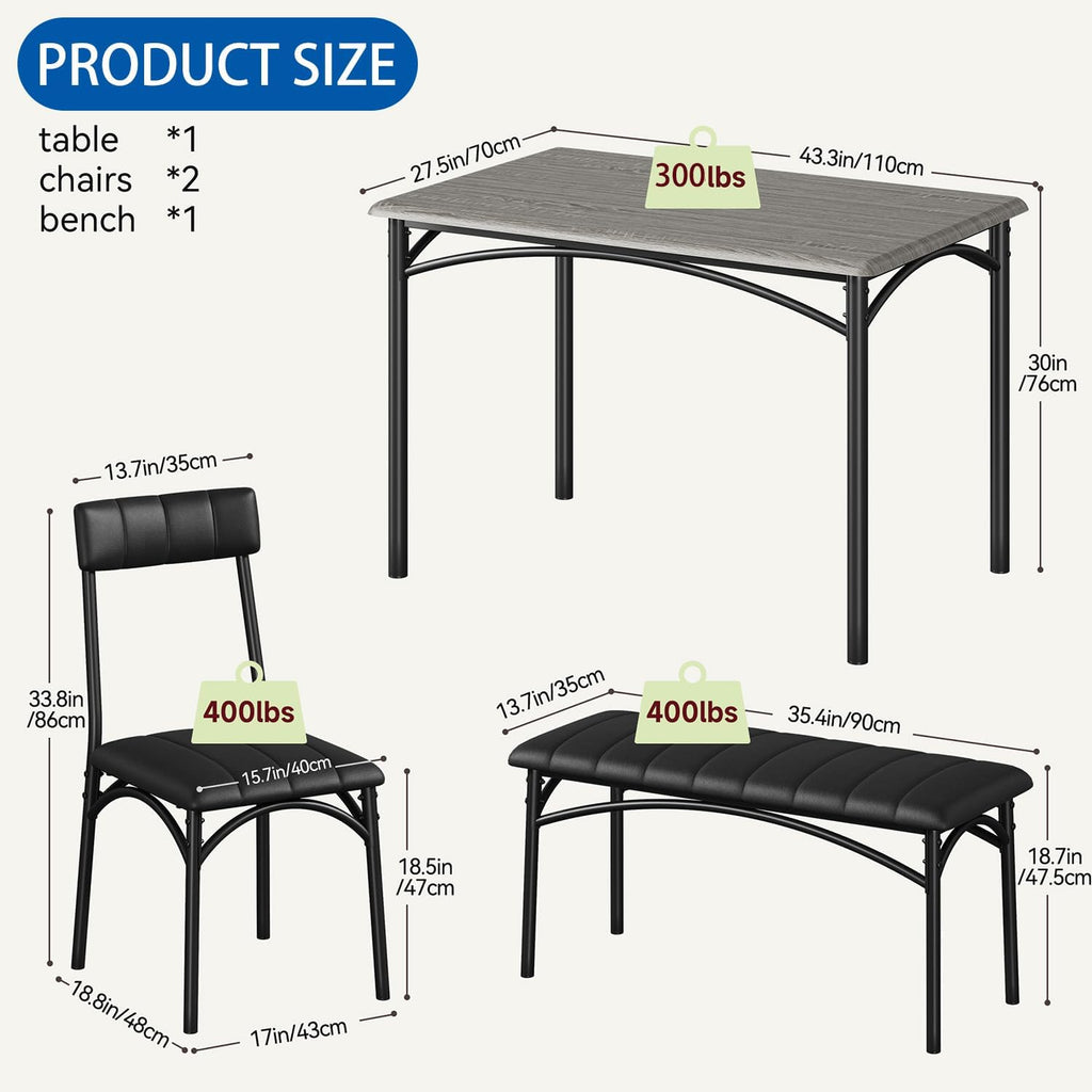 IDEALHOUSE Dining Table Set for 4, Kitchen Table with Chairs for 4, Rectangular Wood Dining Room Table Set with Upholstered Bench for Small Space, Dinner, Apartment, Retro Gray