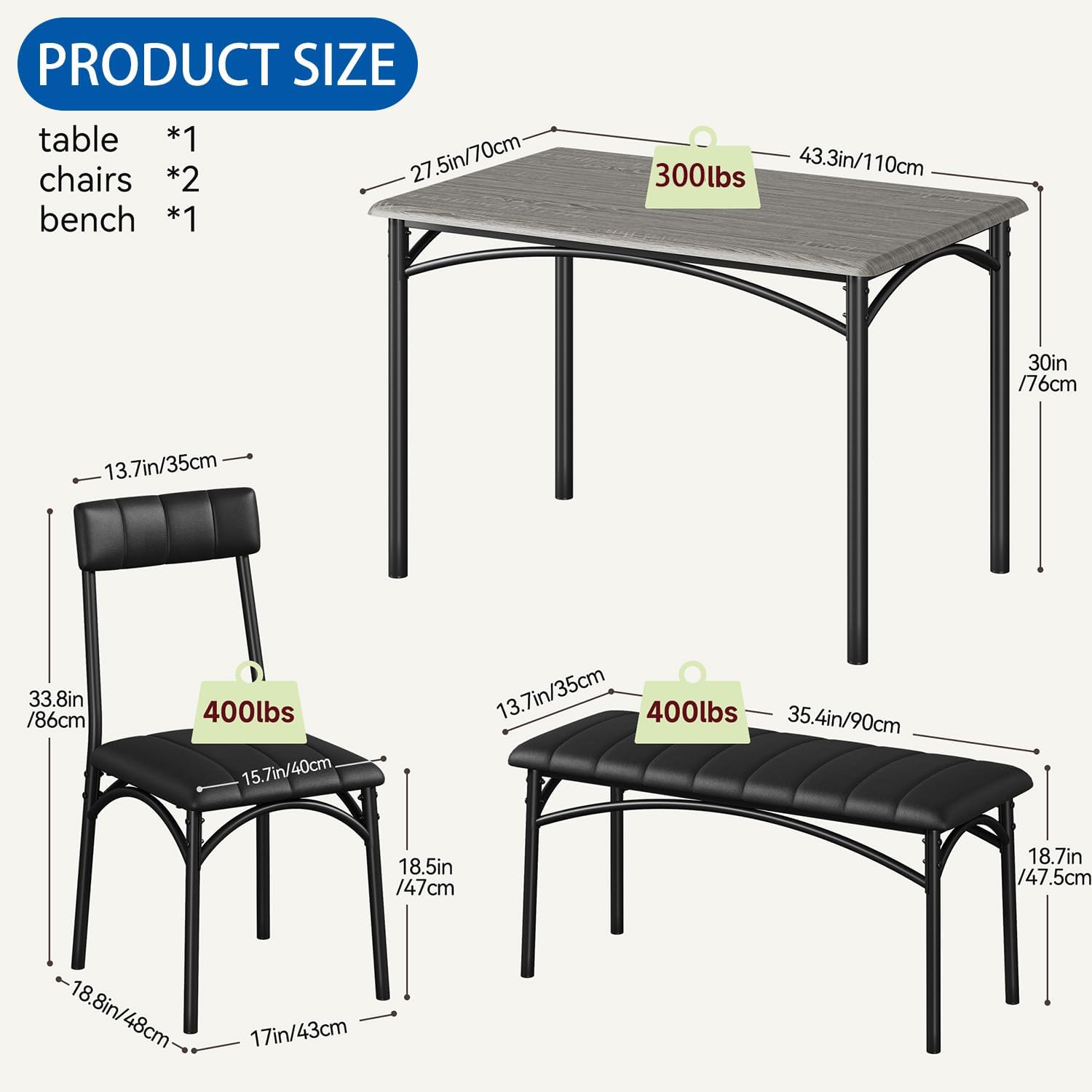 IDEALHOUSE Dining Table Set for 4, Kitchen Table with Chairs for 4, Rectangular Wood Dining Room Table Set with Upholstered Bench for Small Space, Dinner, Apartment, Retro Gray
