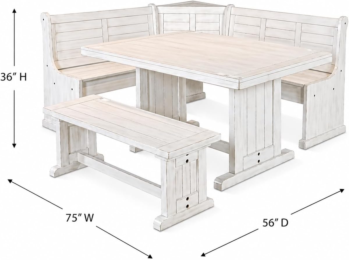 Pemberly Row 75' x 56' Farmhouse Wood Breakfast Nook Set with Table, Storage, Reversable Benche, L-Shaped Corner Bench, for Dining Room, in Marble White Finish