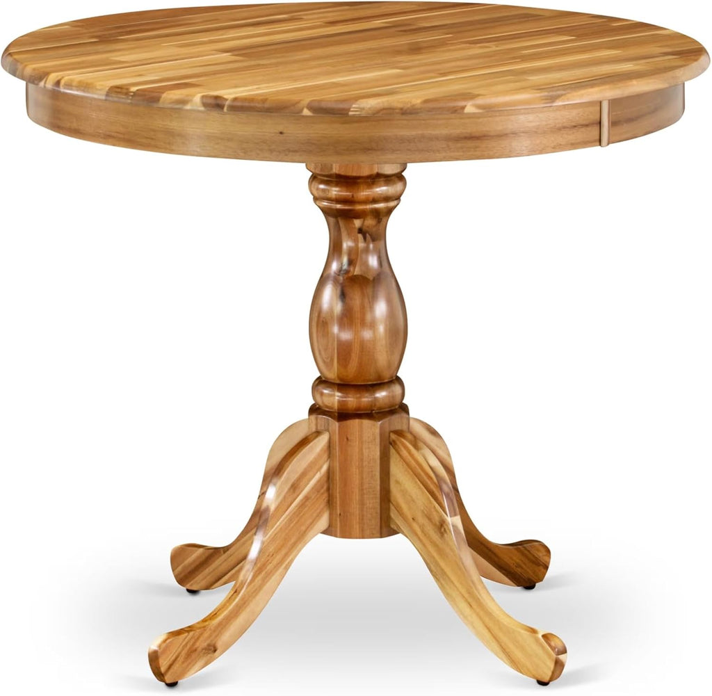 East West Furniture AMT-ANA-TP Antique Dining Room Table - a Round Kitchen Table Top with Pedestal Base, 36x36 Inch, Natural