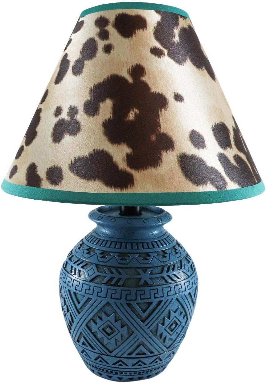 Ebros Blue Southwest Tribal Navajo Turquoise Vector Geometric Design Petite Vase Shaped Desktop Side Table Lamp With Faux Cow Print Shade 15'H Native Indian Country Western Home Accent Lighting Decor