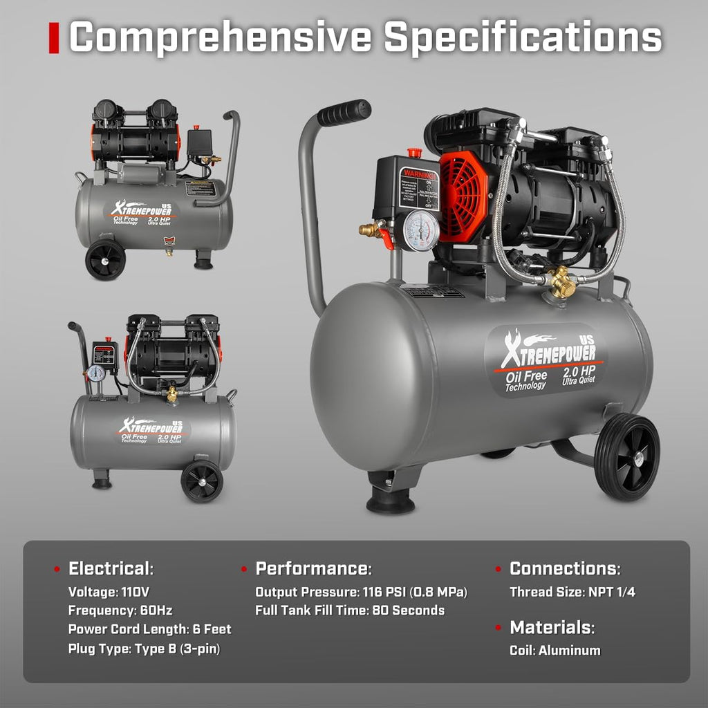 XtremepowerUS 2HP Ultra Quiet Air Compressor Tank Oil-Free Steel 60 dB Tank 7 Gallon, 4.9 CFM at 116 PSI, Ideal For Shop, Garage, Nail Gun, Pneumatic
