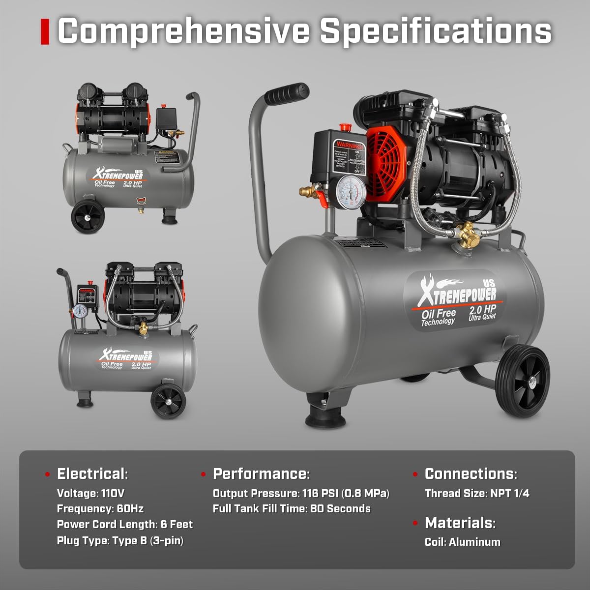XtremepowerUS 2HP Ultra Quiet Air Compressor Tank Oil-Free Steel 60 dB Tank 7 Gallon, 4.9 CFM at 116 PSI, Ideal For Shop, Garage, Nail Gun, Pneumatic
