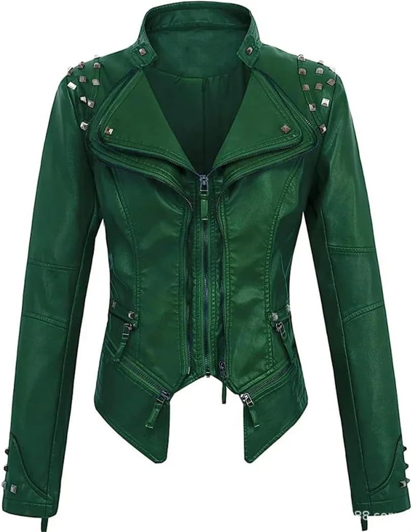 Women's PU Leather Jacket Rivet Decor Lapel Short Biker Coat Washed Casual Spring Autumn Fashion Outerwear