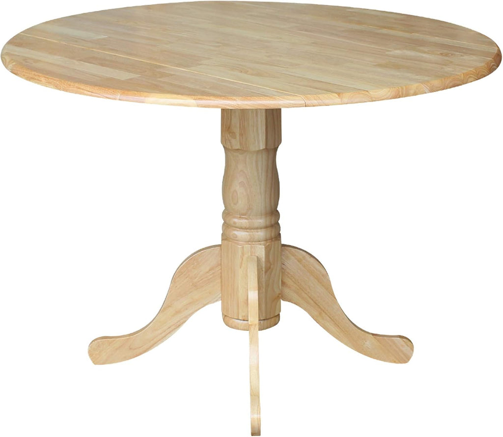 IC International Concepts, 42' Round Dual Drop Leaf Pedestal Dining Table, Solid Real Wood, Sturdy Parawood, Natural