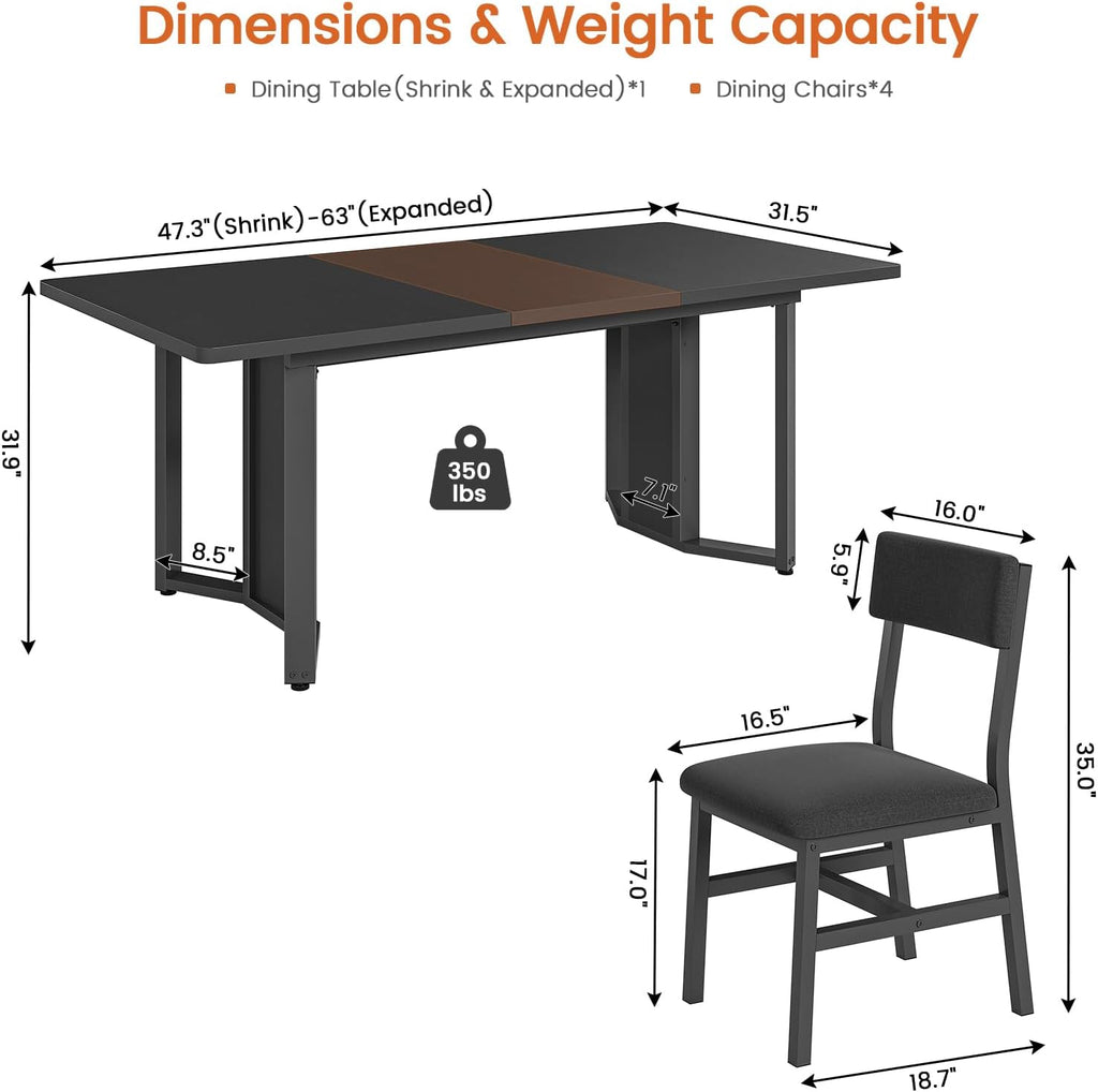Itaar 5-Piece Dining Table Set for 4-6 People, 63' Extendable Kitchen Table and 4 Cushion Chairs, Dining Room Table with MDF Board & Metal Frame for Small Space, Easy Clean, Black