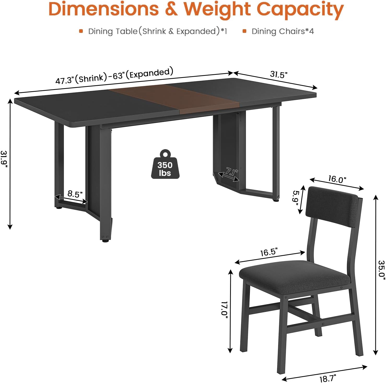 Itaar 5-Piece Dining Table Set for 4-6 People, 63' Extendable Kitchen Table and 4 Cushion Chairs, Dining Room Table with MDF Board & Metal Frame for Small Space, Easy Clean, Black