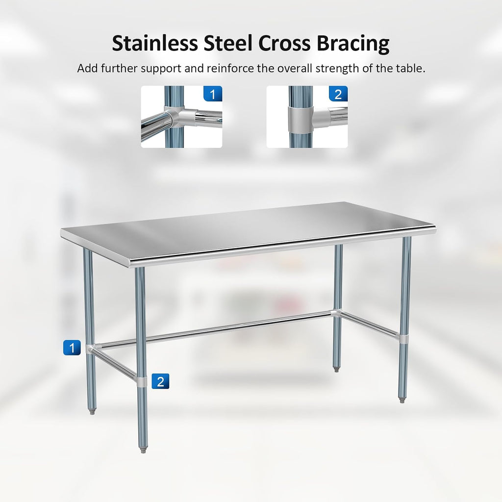 ROVSUN Open Base Stainless Steel Table 60 x 30 Inches, NSF Commercial Heavy Duty Prep & Work Table, Metal Table for Kitchen, Restaurant, Home, Hotel, Garage, Laundry