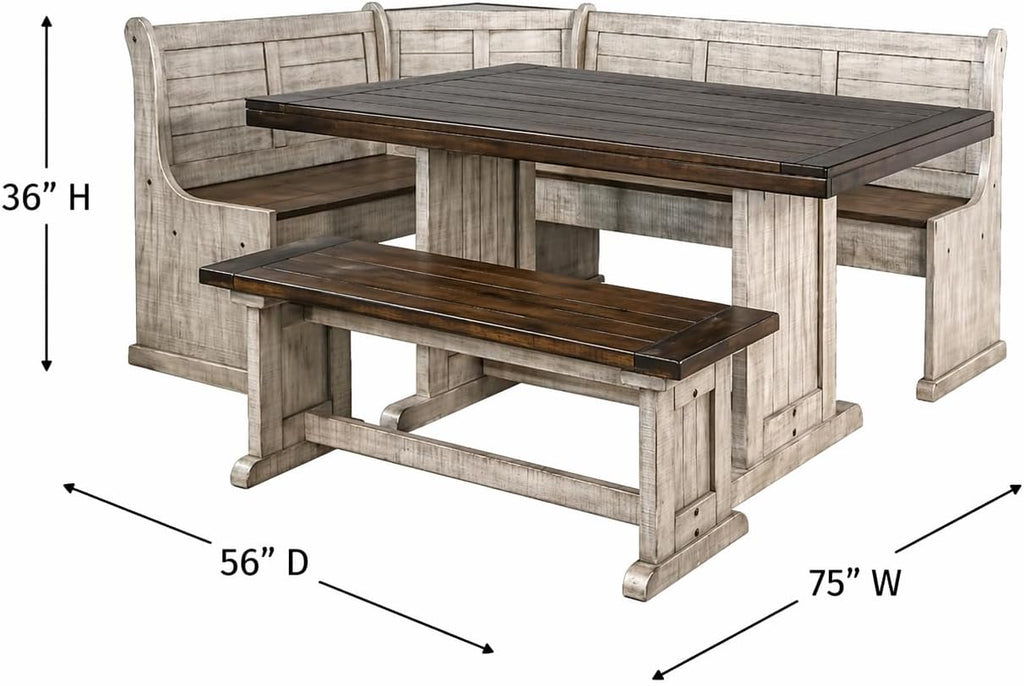 Pemberly Row 3-Piece Traditional Solid Wood Breakfast Nook Set with Table, Storage Space, Foldable Corner Shelf, Fit Any Space Blending Style and Function, in Gray & Brown Finish