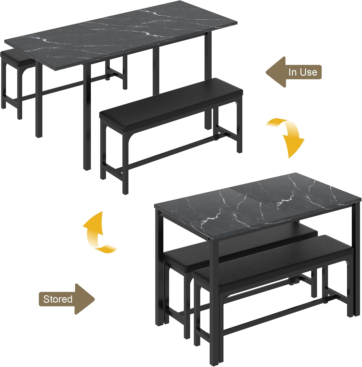 VECELO 3-Piece 63' Extendable Kitchen Table with Benches/Chairs, Modern Breakfast Dinette/Dining Room Set for 4/6/2, Small Space Saving Design, Easy Assembly
