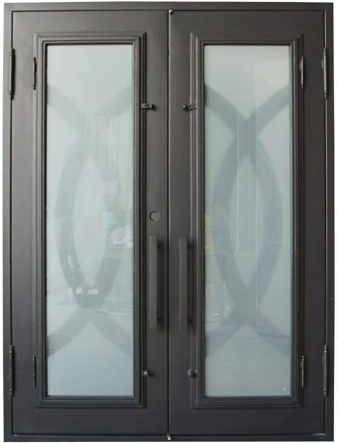 Bellevue Exterior Pre-Hung Double Front Entry Door Wrought Iron with Operable Tempered Frosted Glass Inside Swing Dark Bronze Finish (72 By 82 Right Hinge Active)