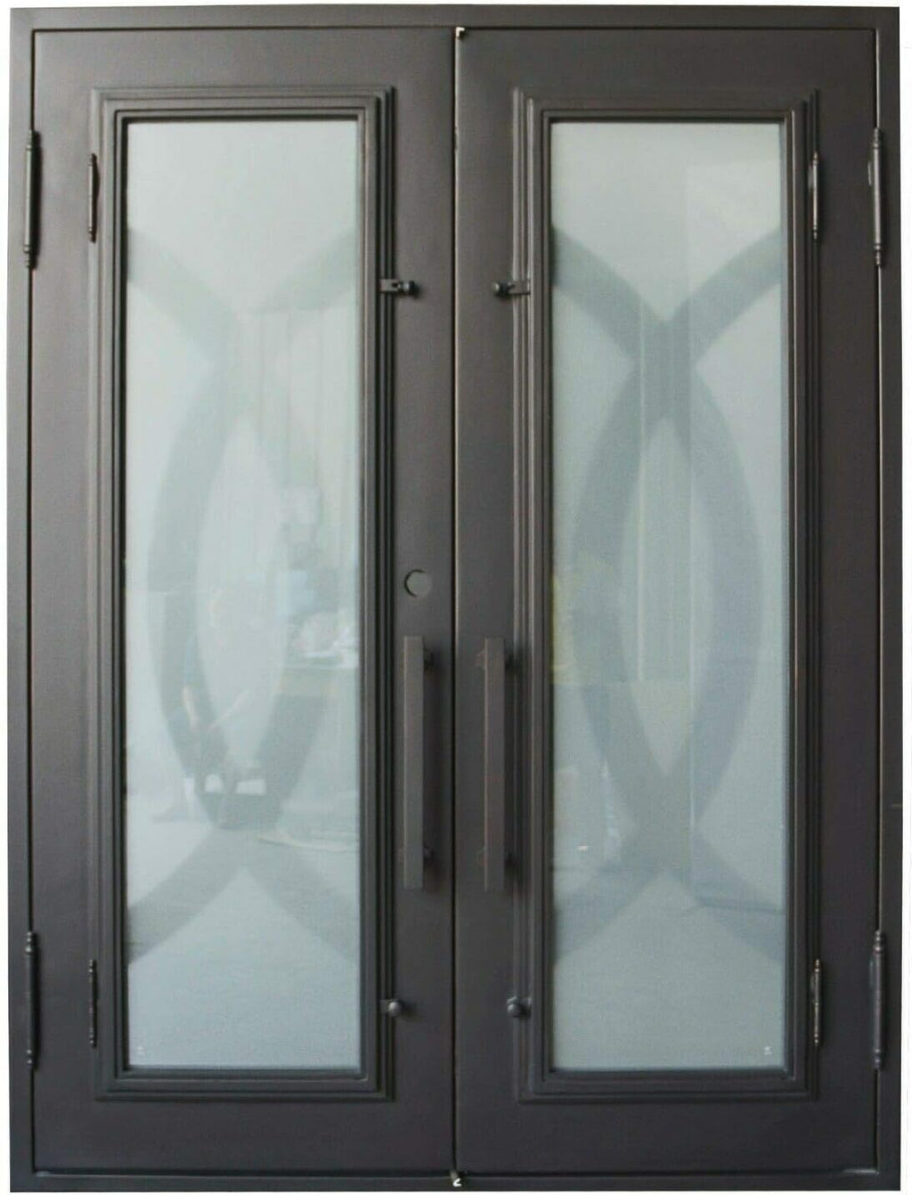 Bellevue Exterior Pre-Hung Double Front Entry Door Wrought Iron with Operable Tempered Frosted Glass Inside Swing Dark Bronze Finish (72 By 108 Right Hinge Active)